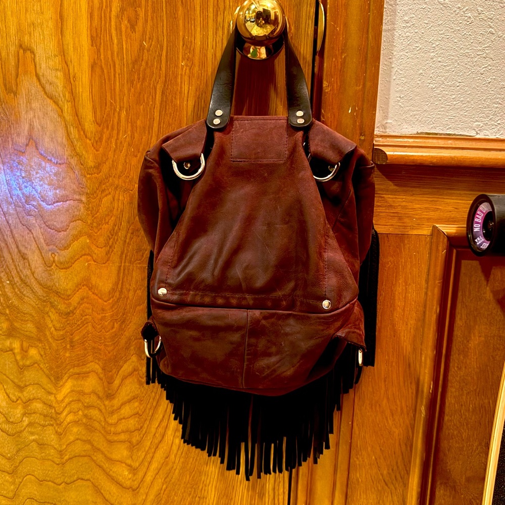 Birdtrouble 100% leather Mini Melissa purple&black pebbled bison fringe backpack - Picture 11 of 12